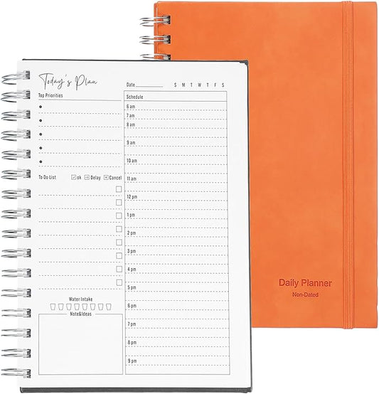 PATIKIL Undated Daily Planner with Hourly Schedule, A5 5.5"x 8.5" To-Do List Hard Cover Spiral Notebook Appointments Planner with Inner Pocket to Organize Daily Tasks Agendas, Orange