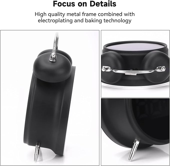 Digital Small Alarm Clock, 4.5 Inch Double Bell Electronic LED Alarm Clock, Plug in or Battery Operated Silent Metal Table Clock, Modern Loud Bedside Clock for Heavy Sleepers Adults Kids (Black)