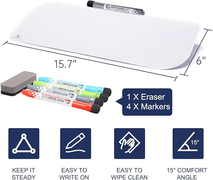 TSJ OFFICE Glass Dry-Erase whiteboard - 16 X 6 Inches Tabletop Easel whiteboard with Stand, Desk Board Buddy for Artist, Teacher and Student