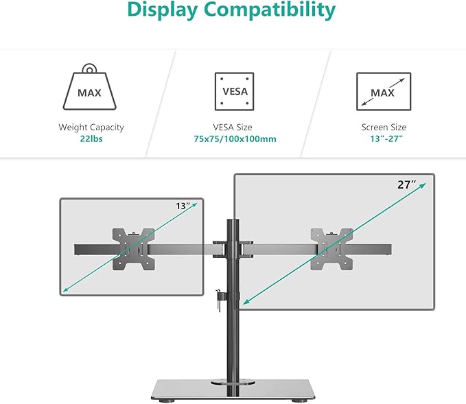 WALI Free Standing Dual Monitor Stand, Height Adjustable Monitor Mount with Glass Base, Fits LCD LED Flat Curved Screen up to 27 inch, 22lbs, with Grommet Base (GMF002)