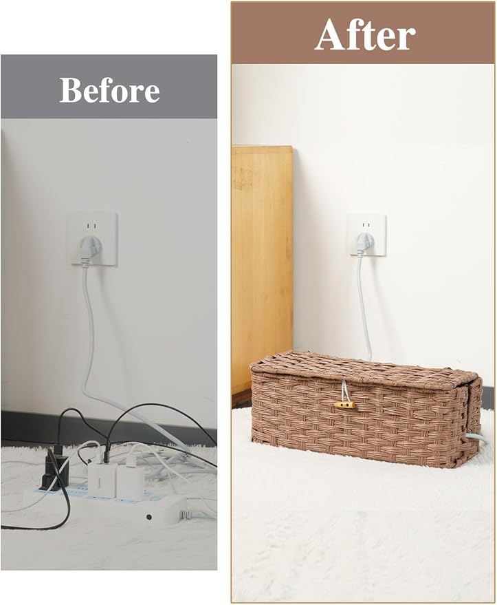 Temary Cable Management Box with Lids, 2-Pack Handmade Cable Organizer Boxes for Home, Office to Hide Cords and Power Strip, Cord Cover Floor Hider Set Woven Rattan Cable Organizer Box (Brown)