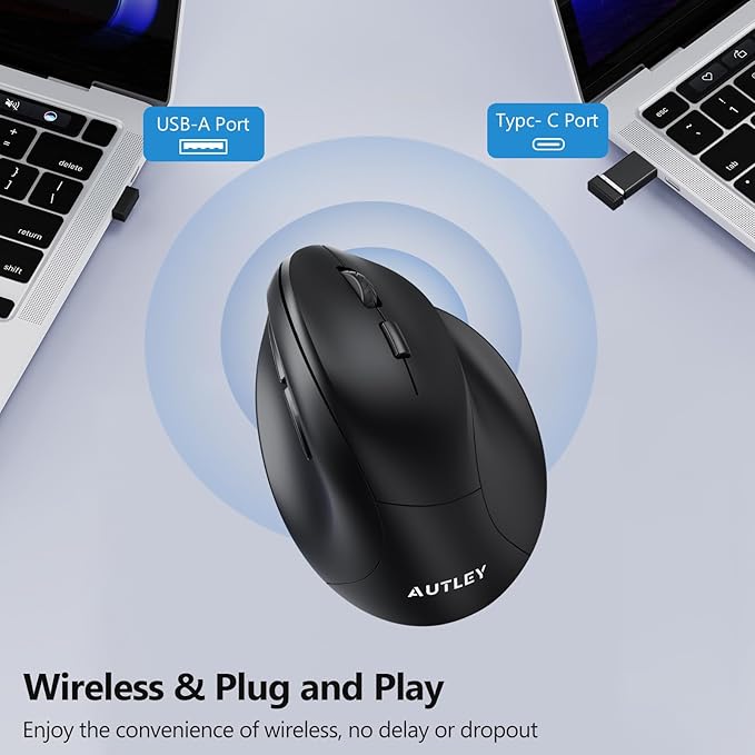 AUTLEY Ergonomic Mouse for Large Hands, Vertical Mouse, 2.4GHz Wireless Computer Mouse for Windows/macOS - 6 Buttons, Low Power Warning, 800/1200/1600 DPI, Black