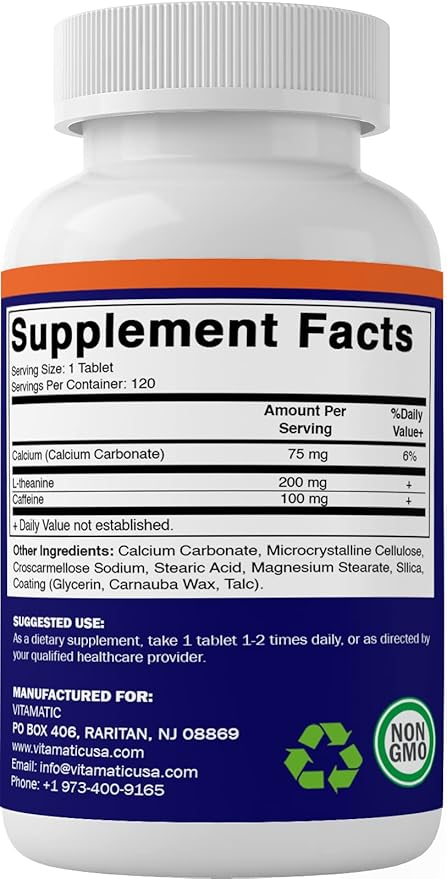 Vitamatic L-Theanine 200mg with Caffeine 100mg – 120 Vegetarian Tablets Nootropic Supplement for Focused Energy & Mental Clarity