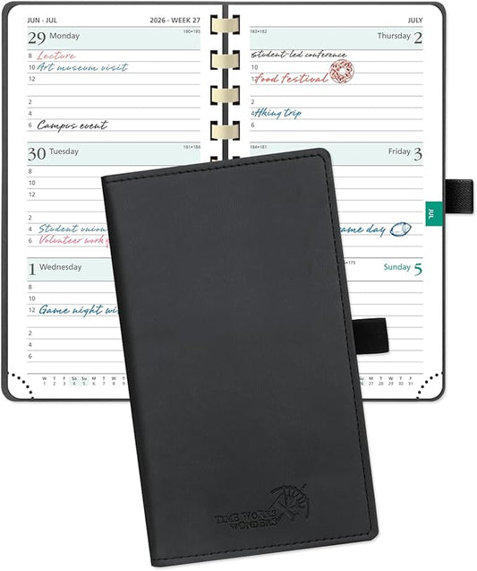 POPRUN 2026 Pocket Planner (Slim Size 3.5" x 6.5") Weekly and Monthly Calendar for Purse, with Hourly Time Slots, 100GSM Thick Paper, Spiral Soft Cover, Pen Holder - Black