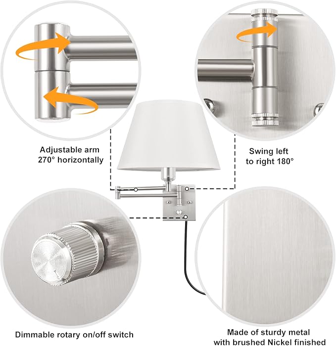 TRLIFE Dimmable Wall Sconce Plug in, Brushed Nickel Wall Sconces Set of Two Swing Arm Wall Lights with Plug in Cord and On/Off Dimmer Rotary Switch, 11.8" Large White Fabric Shade(2 Pack, 2 Bulbs)