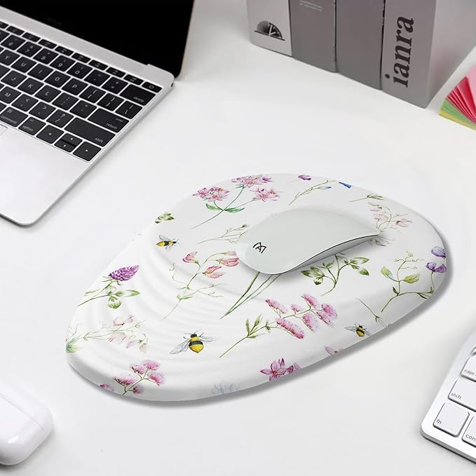 Floral Ergonomic Mouse Pad Wrist Support, Pretty Flowers Mouse Pad with Wrist Rest, Foam Massage Design & Non-Slip PU Base MousePads for Pain Relief, Desk, Office, Home