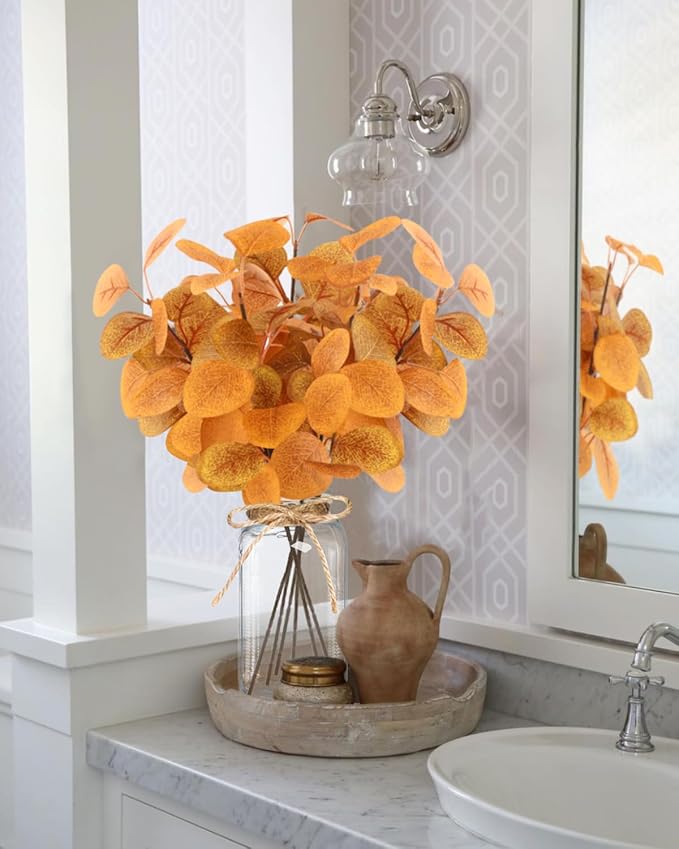 Fall Faux Eucalyptus Stems in Glass Vase 14.2" 6pcs Artificial Autumn Eucalyptus Branches with Vase Fall Home Table Decor Fake Fall Plants Stems for Farmhouse Kitchen Bathroom Decorations