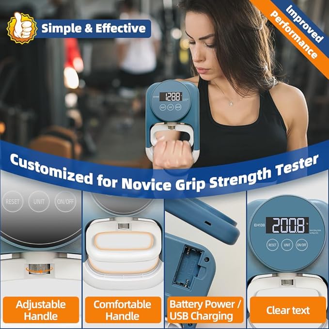 Grip Strength Tester Hand Gripper - Grip Strength Trainer Hand Dynamometer Handheld Meter LED Display Comfortable 265 Lbs / 120 Kgs Finger Strengthener for Sports Home School Gym Use