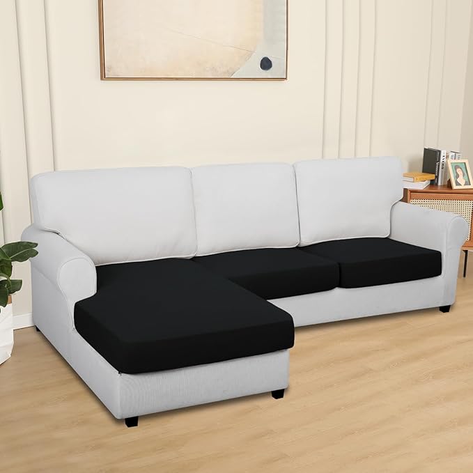 Easy-Going 100% Waterproof 3 Pieces Couch Cushion Covers for Sectional Sofa Left/Right L Shape Chaise Lounge Sofa Seat slipcover Anti-Slip Sofa Cover (2 Seater + 1 Chaise, Black