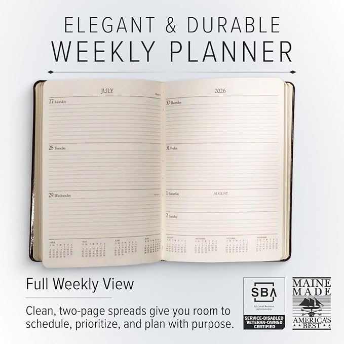 Gallery Leather Desk Weekly Monthly Planner 2025-2026, Elegantly Bound Calendar Planner and Notebook with Stylish Gold-Gilded Page Edges, 12 Months - Caribbean Fuchsia - 8 x 5.5 "