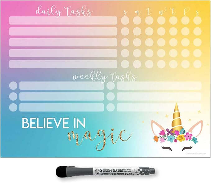 Dry Erase Whiteboard Task Planner | Removable and Restickable Adhesive Decal | Fine-Tip Magnetic Marker Included (9 x 12 inches, Unicorn Magic)