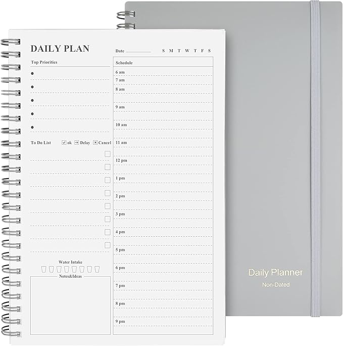 Daily Planner Undated, Asten To Do List Notebook Hourly Schedules Spiral Appointment Planner for Men and Women,PVC Hardcover,Elastic Closure, Inner Pocket 8.3" x 5.8" (Gray)