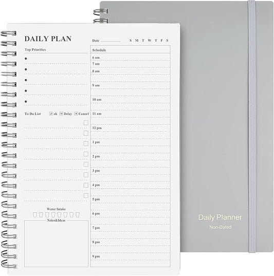 Daily Planner Undated, Asten To Do List Notebook Hourly Schedules Spiral Appointment Planner for Men and Women,PVC Hardcover,Elastic Closure, Inner Pocket 8.3" x 5.8" (Gray)