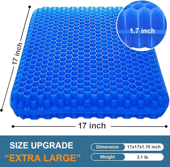 Gel Seat Cushion, Large Cooling Gel Cushion Breathable Honeycomb Chair Pads Gel Cushion with Non-Slip Cover for Home Office Chair Car Seat Wheelchair Absorbs Body Pressure Points, As Seen on TV