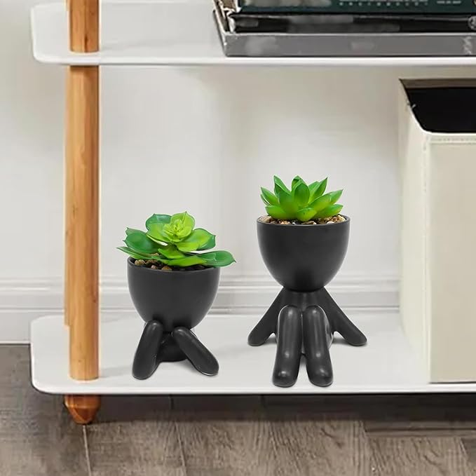 Zerzsy 2PCS Cute Artificial Succulent Plants with Creative Human Shaped Pots, Desk Decoration Mini Potted Planter Succulent Decor for Desktop Office Bedroom Table Decor (Matte Black)