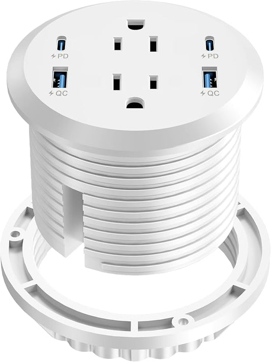 Desktop Power Grommet, 65W USB C Fast Charging, Flush Mount Recessed Power Strip 3-Inch Hole, 2 Outlets, 4 USB Ports, Countertop Outlet (White)