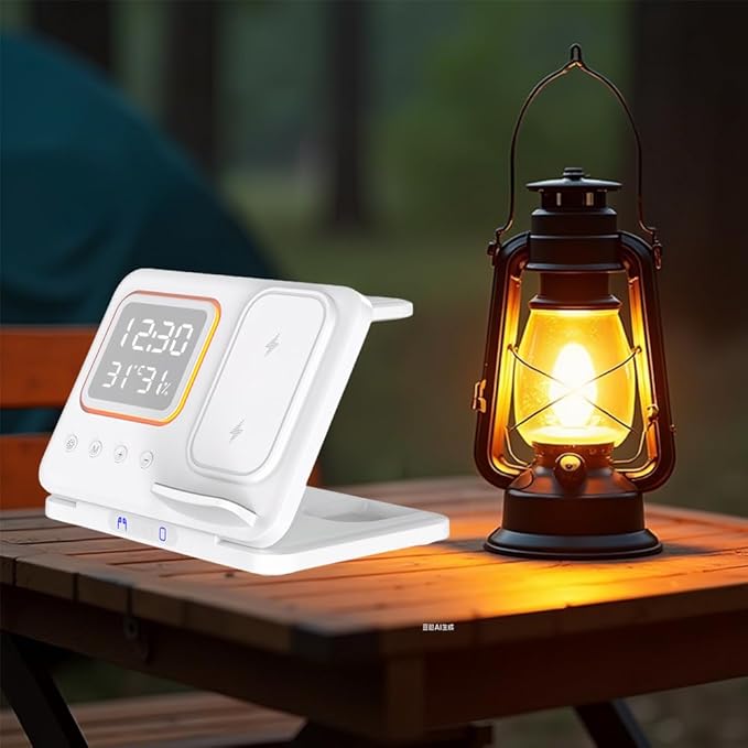 IHAO 5in1 Multi Functional Wireless Charging Station with Digital Clock 15W Fast Charge Night Light Temperature Display Wireless Charger for All Qi Phone and TWS Headphone Compliant with i-Watch