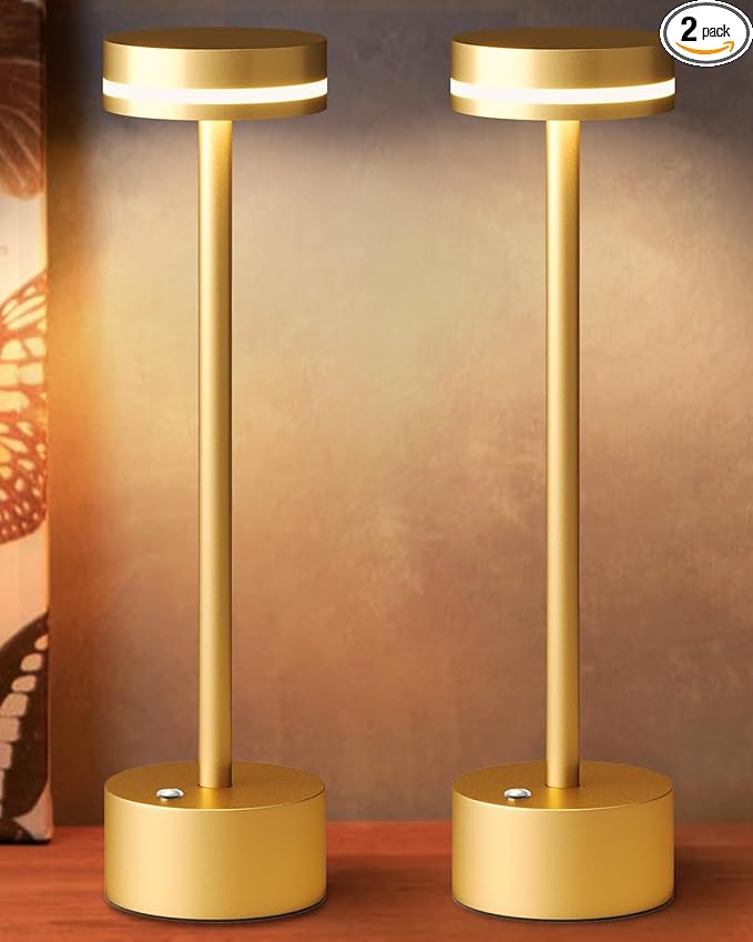 Modern Rechargeable Cordless Table Lamp, Aluminum Shell Dimmable Battery Powered Lamp, 4000mAh Certified Battery, 3000K Portable Warm White Bedside Lamp, Pack of 2 (Gold)