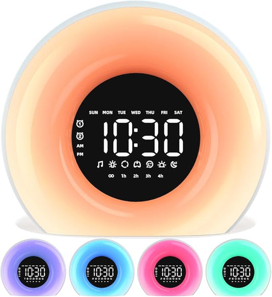 Wake Up Light Sunrise Alarm Clock with Sunrise Sunset Simulation 23 Nature Sleep Sounds 13 Colors Night Light Dual Alarms Snooze Function Sleep Aid for Heavy Sleepers Kids Adults (White)