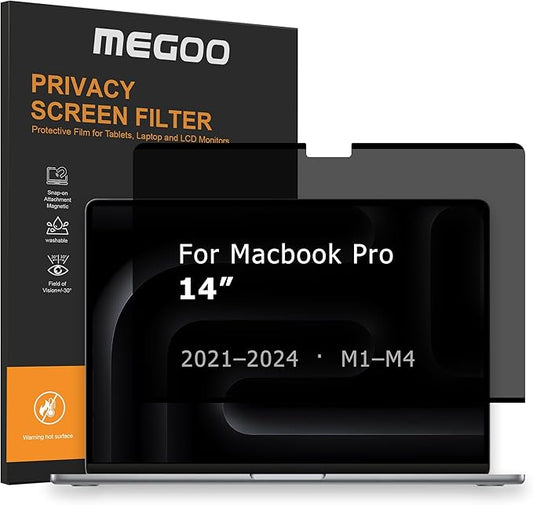 Megoo Privacy Screen for MacBook Pro 14 Inch (2021–2024, M1–M4 Pro/Max), ±30° Anti-Spy View, Magnetic, Matte Anti-Glare, Blue Light Filter, Removable with Nano Grip, Includes Storage Case