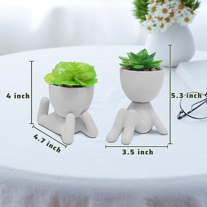 Zerzsy 2PCS Cute Artificial Succulent Plants with Creative Human Shaped Pots, Desk Decoration Artificial Plants Indoor for Home and Office Decor(Cement Gray)