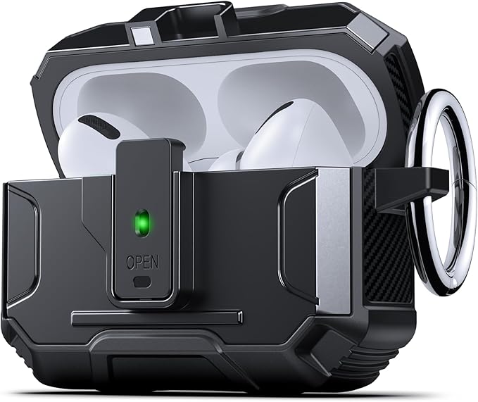 DASFOND Armor Earphone Cover Case for Airpods Pro, Military Grade Full Body Shockproof Protection Hard Case, Support Wireless Charging with Keychain, Magnetic Lid, Front LED Visible, Black