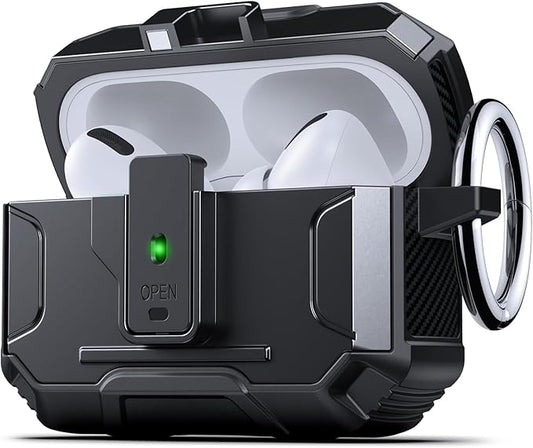 DASFOND Armor Earphone Cover Case for Airpods Pro, Military Grade Full Body Shockproof Protection Hard Case, Support Wireless Charging with Keychain, Magnetic Lid, Front LED Visible, Black