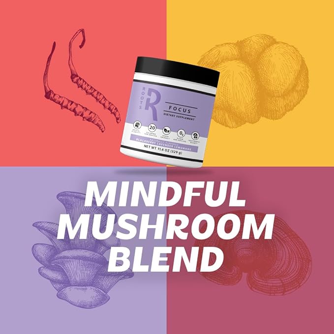 Roots Focus Nootropic Brain Supplement, Spicy Pineapple, Blend of Lion's Mane, Cordyceps, and Reishi Functional Mushrooms with Extended-Release Caffeine, 15 Servings