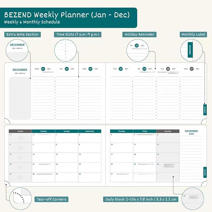 BEZEND 2026 Planner Weekly and Monthly (9" x 5.5") Horizontal Calendar Book with Vertical Hourly Timeslots & Note (Jan-Dec) Pen Holder, Inner Pocket, Casebound Vegan Leather Hardcover - Evergreen