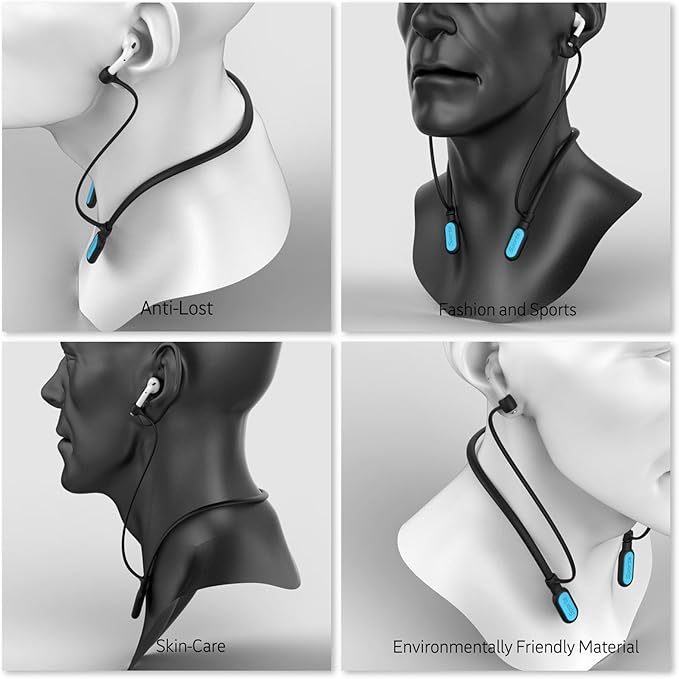 Compatible Airpods Strap, Silicone Anti-Lost Strap Connector Sports Neckband Compatible for Airpods Pro 3/2/1, Air Pod 4, 3, 2, 1, Black with Light Blue