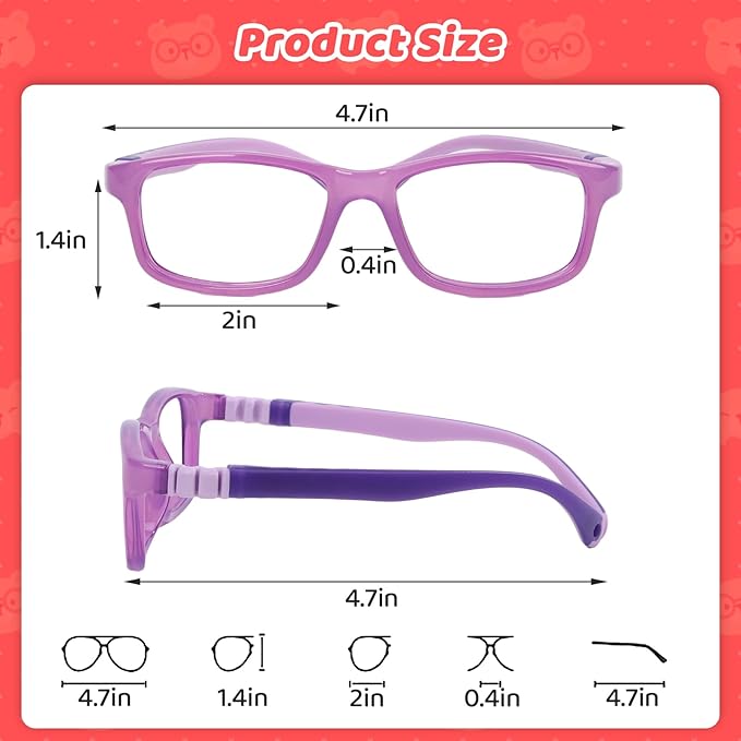 BiBiBear Toddler/Kids/Teens Glasses - Unbreakable TR90 Frame, 180° Flexible, Lightweight & Safe Glasses for Kids Age 2-15
