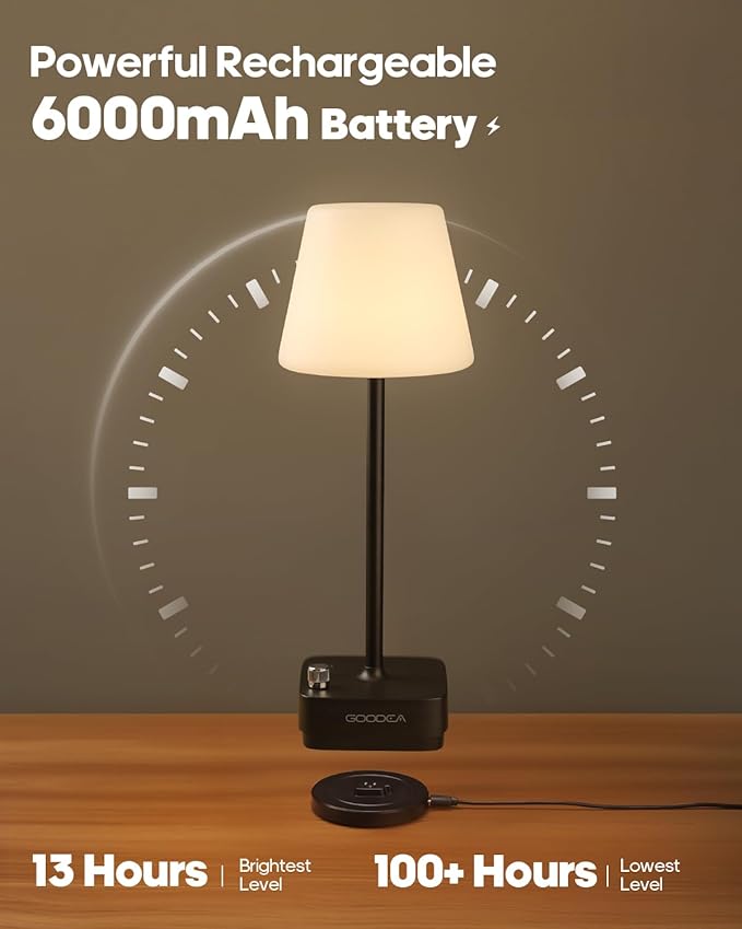Cordless Table Lamp with Charging Base, Rechargeable 6000mAh Battery Operated Lamp, 3 Color Dimmable Smart Portable Table Light for Restaurant, Bedroom, Home, Kitchen Counter (White lampshade)