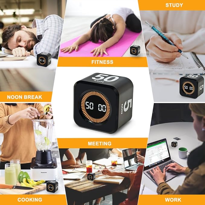 Visual Rotating Timer with 5, 10, 25 50 Minutes Preset, Desk Cube Count Down/up Timer, Rechargeable Custom-time Mute/Sound, Ideal for ADHD Work Learning Kitchen, Black