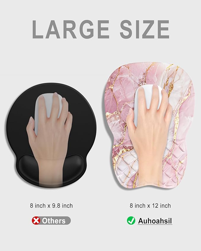 Auhoahsil Ergonomic Mouse Pad with Wrist Rest, Comfortable Slope Computer Mouse Mat with Wrist Support, Memory Foam Filling, Non-Slip Silicone Base, Pain Relief for Gaming Work, 8" x 12", Pink Marble