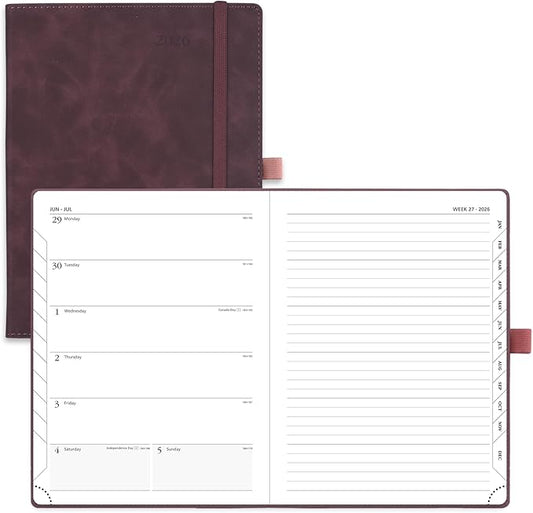 POPRUN Weekly Planner 2026 (Medium 6.5" x 8.5") Calendar 12 Months Notebook with Horizontal Layout, Leather Soft Cover, Monthly Tabs, Inner Pocket, 100GSM Thick Paper, Pen Holder - Claret