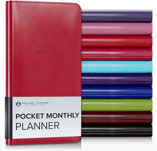 Gallery Leather Pocket Monthly Planner 2025-2026, Elegantly Bound Calendar Planner and Notebook with Stylish Gold-Gilded Page Edges, 18 Months - Camden Red - 6x3.25"