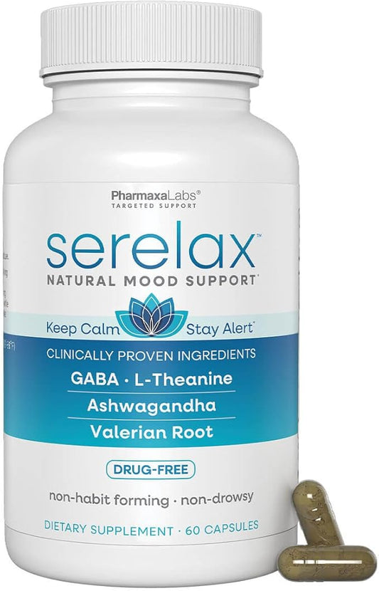 Stress Relief Supplement - Supports Mood & Mental Focus - Feel Calm and Relaxed - Eases Tension & Nervousness - Ashwagandha, GABA, Valerian & L-Theanine - 60 Capsules