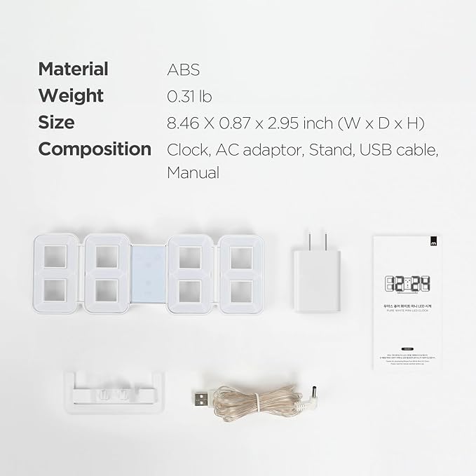 mooas 3D Pure mini White Gold LED Clock, Multi-Function LED Clock (Calendar, Alarm, Temperature) (8.5" White Gold Table Alarm Clock)