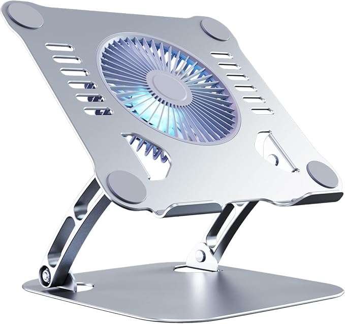 SHUWEI Laptop Cooling Stand with 3 Speed Fan, Adjustable Height Laptop Stand for Desk, Ergonimic Aluminum Laptop Cooling Pad for 10-15'' Notebook - Silver