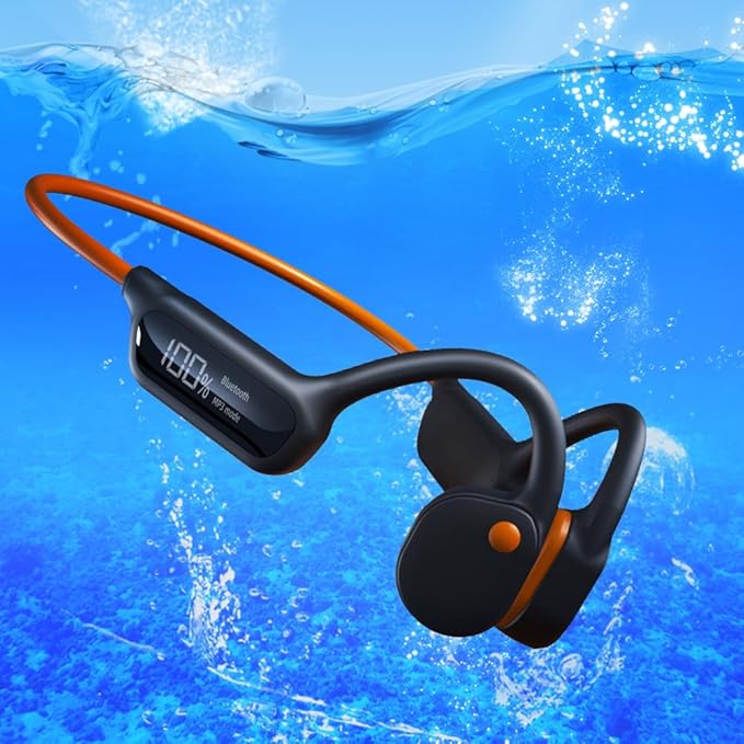 Swimming Headphones Bone Conduction Open Ear Headset MP3 Player Built-in 32G Memory IP68 Underwater Waterproof Stereo Bluetooth Earphone LED Screen for Driving Bicycling Running Skiing-X10 Black
