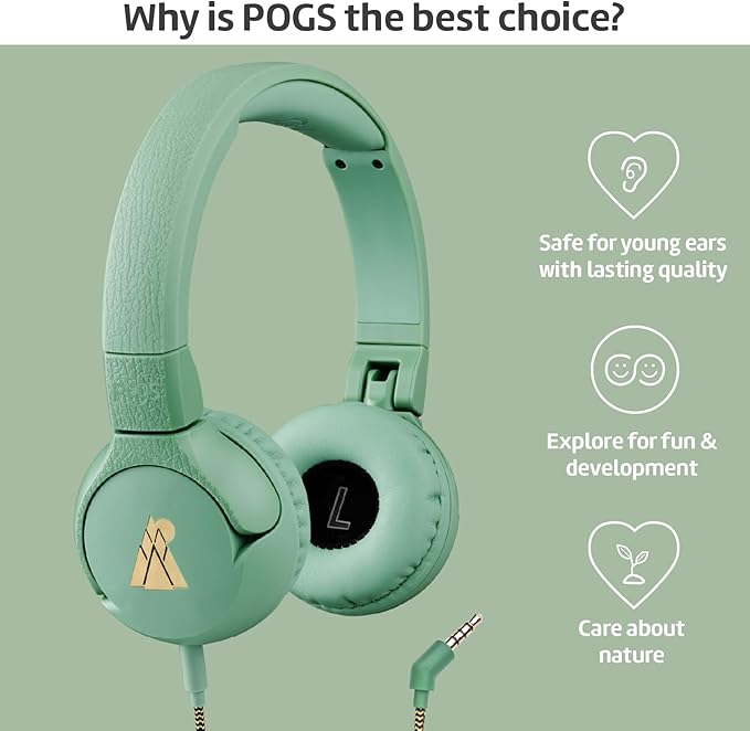 POGS Kids Wired Headphones | The Elephant 2 | Adjustable, Durable Headphones for Kids 3+ | Limited to 85 dB, Microphone | On-Ear | Music-Sharing Function Safe 3.5mm Audio Cable (3.2ft) (rGreen)