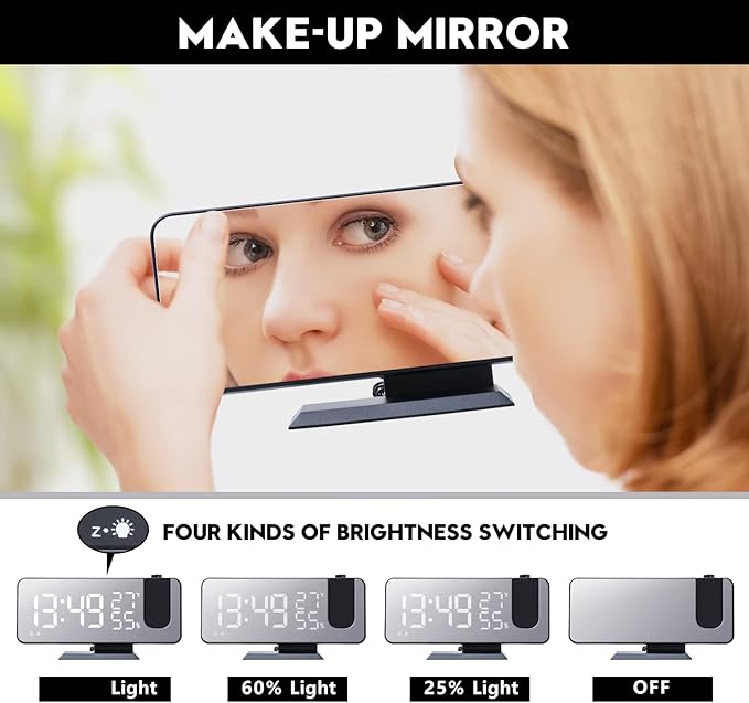 Projection Alarm Clock for Bedroom, Digital Alarm Clock with USB Charger, 7.4" Large LED Mirror Display Radio Alarm Clock, Dual Smart Alarm with Projection on Ceiling, Black