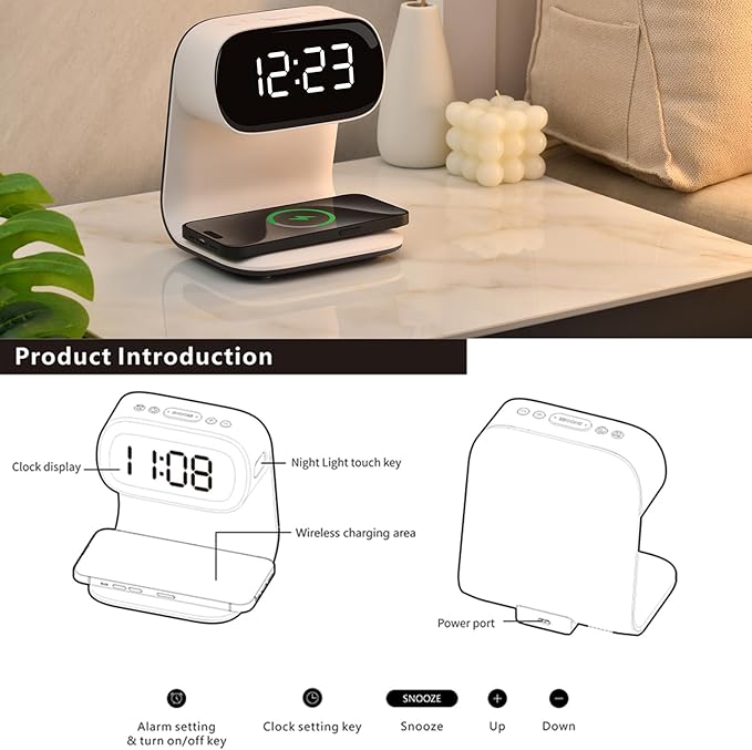 Digital Alarm Clock with Wireless Fast Charging Station 15W Touch Smart Lamp for Bedside,3 Colors Nightlight Adjustment Night Lamp for Living Room,Bedside,Heavy Sleepers (White+No Adapter)