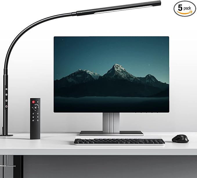 Swing Arm Desk Light with Remote Control, Eye-Caring Gooseneck Desk Lamp, Adjustable Brightness & Color Temperatures, Modern LED Clamp Light with Memory & Timer Function, 12W, Matteblack