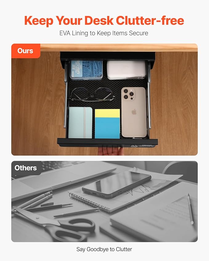 VEVOR Under Desk Lockable Slide Out Drawer, 13 inch Under Desk Pull-out Drawer for Sit Stand Workstation, Secure Under Counter Drawers for Home Office Storage Organizer, Black