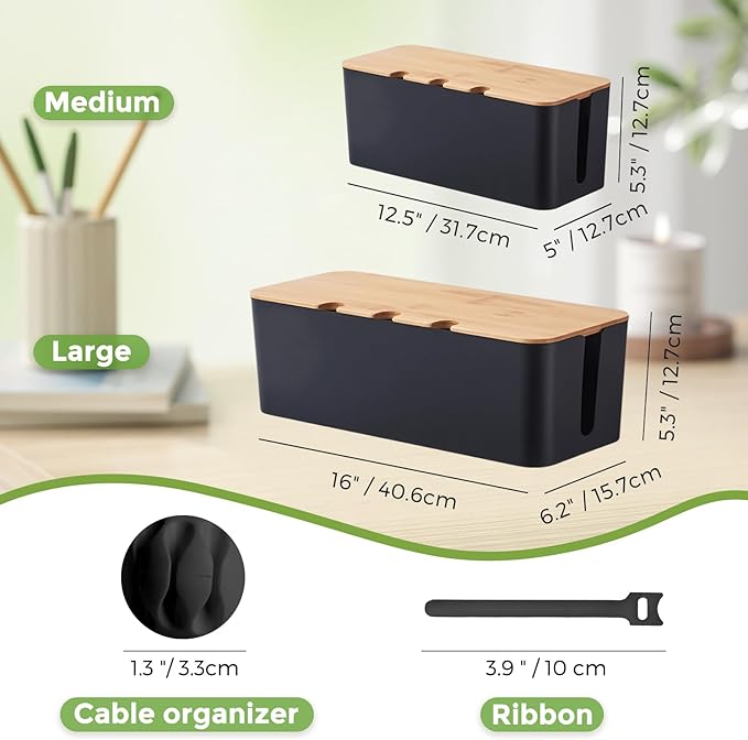Cord Organizer Box Black 2 Pack, Wooden Cable Management Box with Cable Clip Holders and Reusable Cable Ties, Cord Management Box Cable Organizer Box with Bamboo Lid for Power Strip Extension Cord