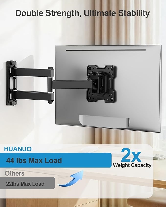 HUANUO Single Monitor Wall Mount for 17 to 34 Inch Computer Screens, Holds up to 44 lbs, Full Motion Wall Mount Monitor with Articulating Arms, Swivel, Rotation, Tilt, Max VESA 200x200, Black