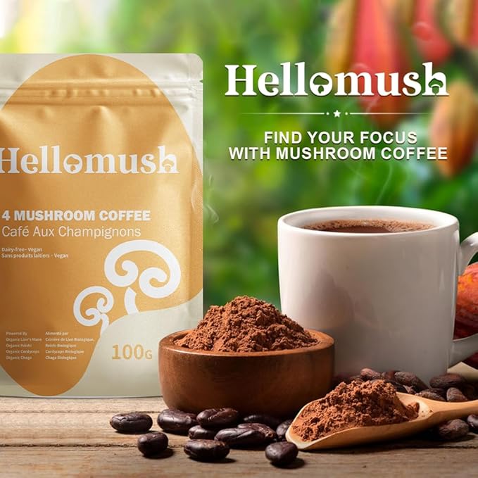 Hellomush Organic Instant Mushroom Coffee with Lions Mane, Reishi, Chaga and Cordyceps Coffee, Adaptogen Drink for Greater Energy, More Focus, Better Digestion, and Gut Support 28 Servings 3.52 oz