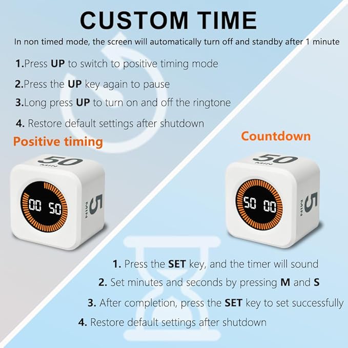 Visual Rotating Timer with 5, 10, 25 50 Minutes Preset, Desk Cube Count Down/up Timer, Rechargeable Custom-time Mute/Sound, Ideal for ADHD Work Learning Kitchen, White