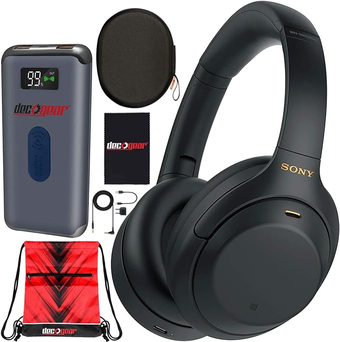 Sony WH-1000XM4 Wireless Industry Leading Noise Cancelling Over-Ear Headphones with Mic for Hands Free Calling and Alexa, Black WH-1000XM4/B Bundle w/Case + Deco Gear Portable Charger + Gym Bag